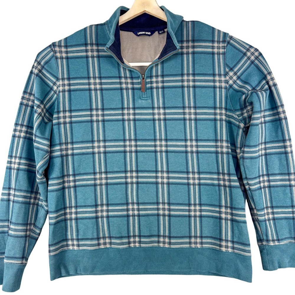 Lands End Sweater Mens Medium Teal Blue‎ Plaid Quarter Zip Pullover 100% Cotton